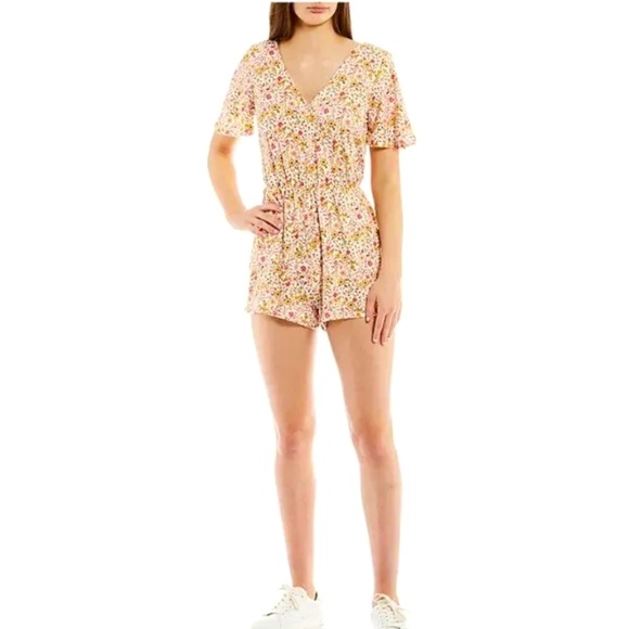 Pants - Moa Moa Ditsy Floral Surplice Short Sleeve Romper Multi Color Size S